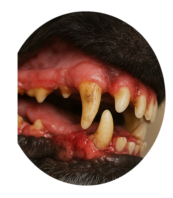 Dog teeth before using Nu3Paw Manna – visible plaque, tartar buildup, and inflamed gums